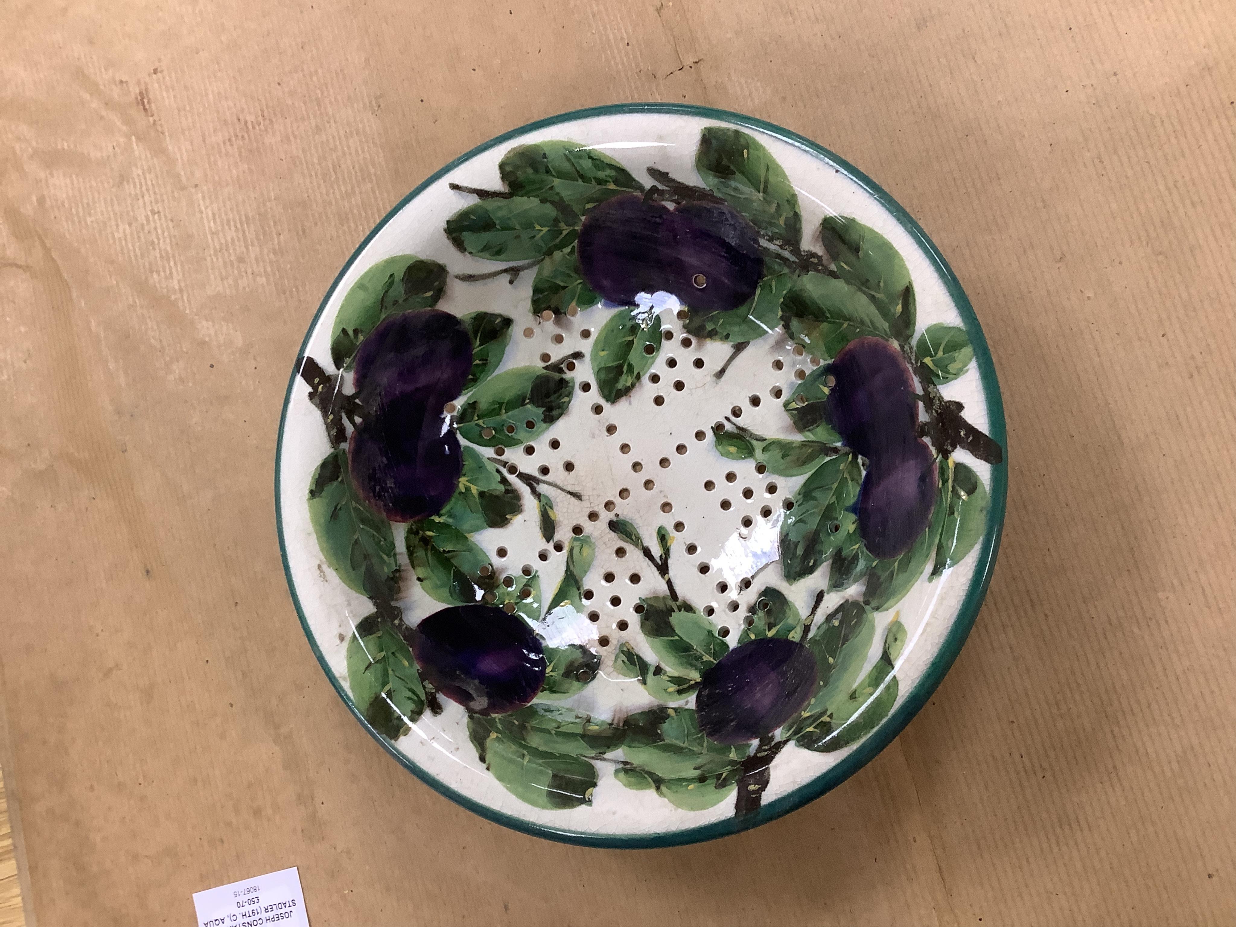 A Wemyss four-piece toilet set, a jug and basin, soap dish with liner, and bowl, damson pattern. Basin 39cm diameter., Condition - poor